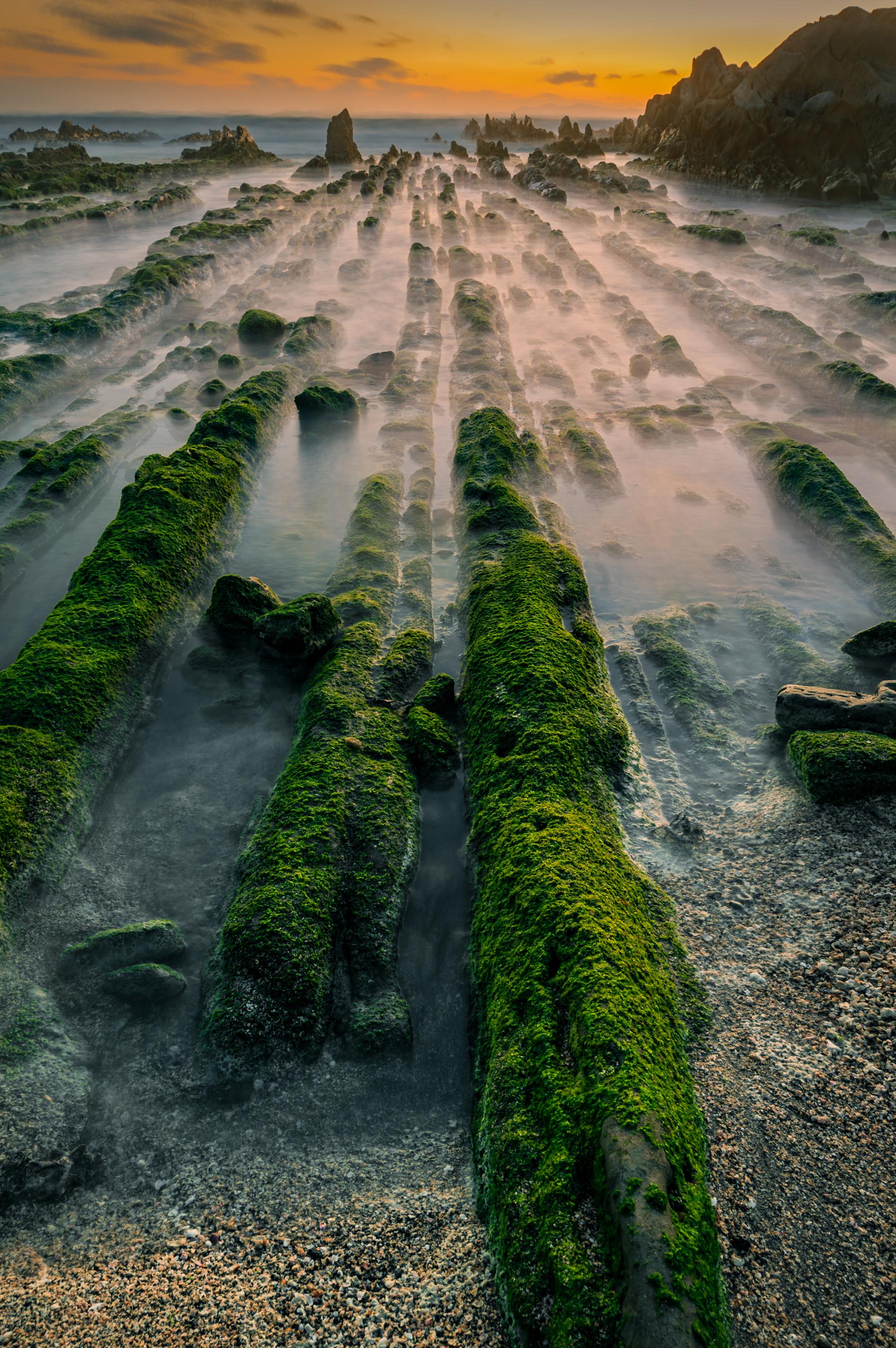 hk_c_一介布衣 位於日本千葉境內，有一處奇特的景觀，每當海水退潮，可以看到無數條青綠的岩石一字排開伸向海的深處，綠色的青苔在夕陽下瀝瀝發光。而漲潮後則又被海水遮掩變得平淡無奇。.jpeg
