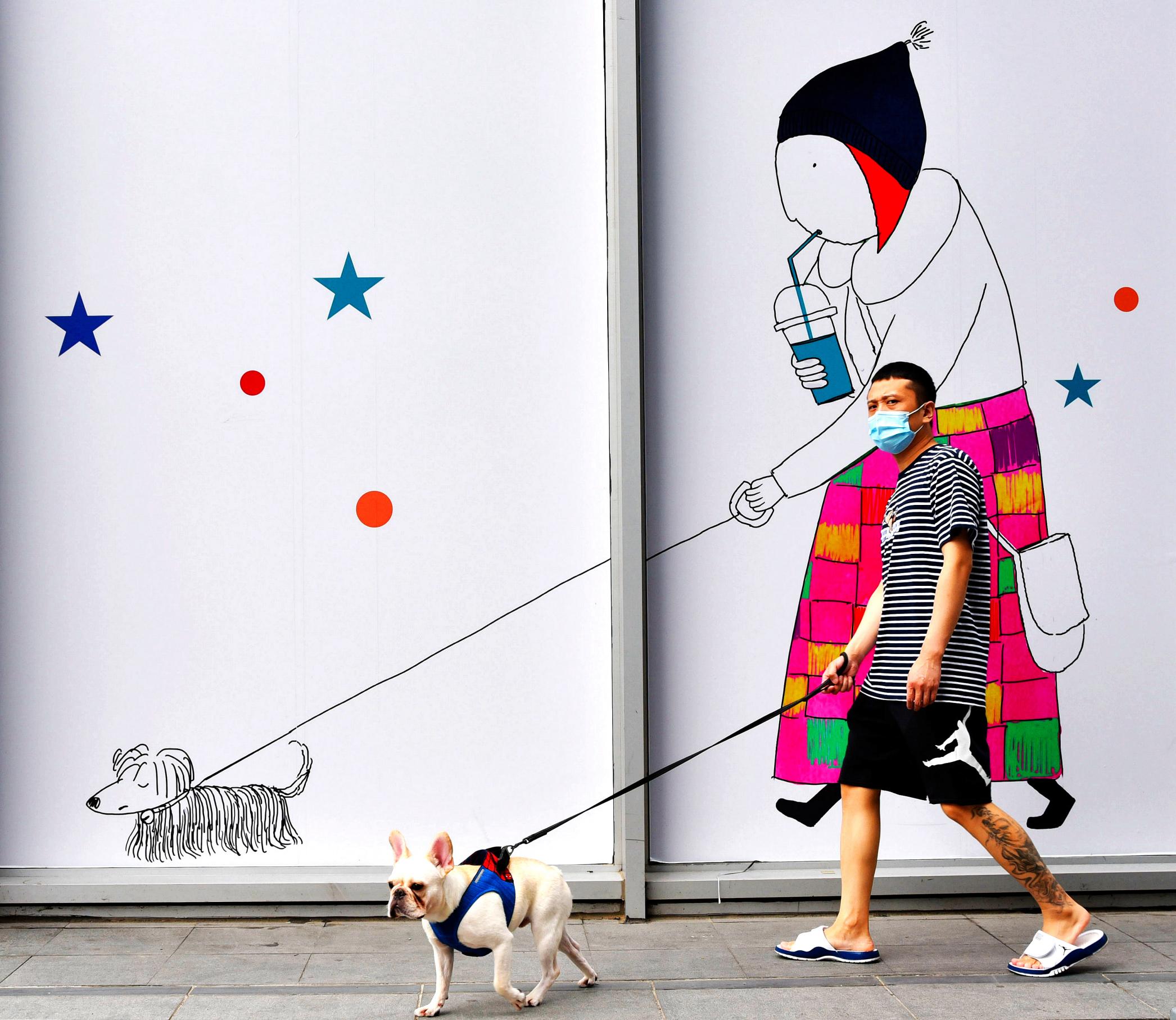hk_c_1、楊軍  北京市朝陽區三里屯，一遛狗的男子走在街上，與傍邊建築圍擋牆上的遛狗卡通畫構成巧合，看上去十分有趣。攝於2020年2020年7月11日.jpg