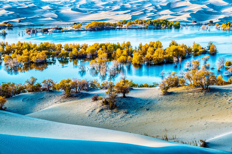 hk_c_沙漠之水--新疆.沙漠湖及秋天的胡楊樹--吉久利.jpg